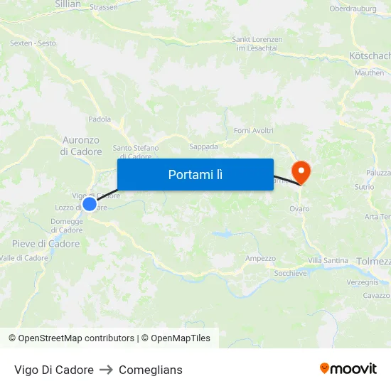 Vigo Di Cadore to Comeglians map