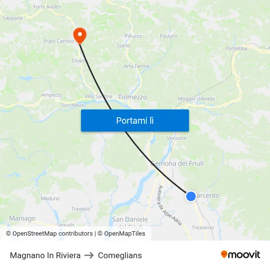 Magnano In Riviera to Comeglians map