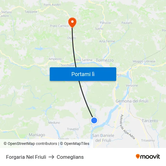Forgaria Nel Friuli to Comeglians map