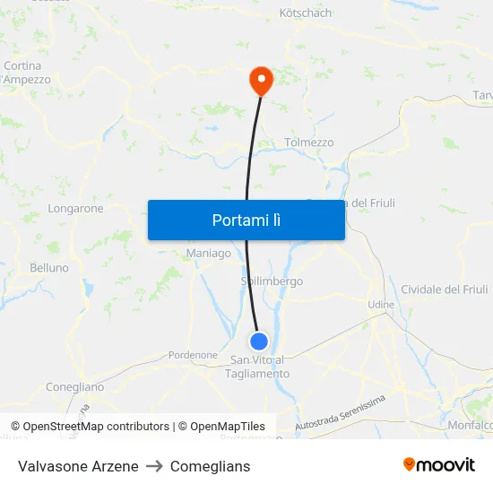 Valvasone Arzene to Comeglians map