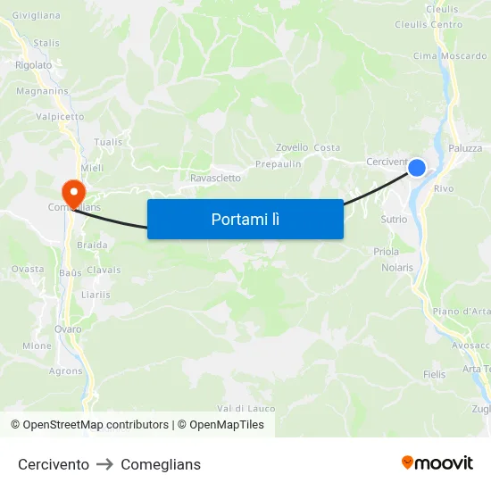 Cercivento to Comeglians map