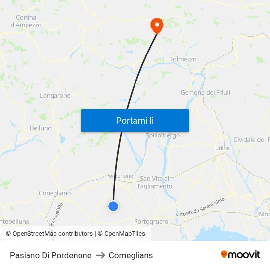 Pasiano Di Pordenone to Comeglians map