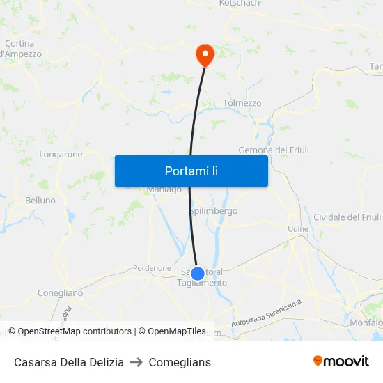 Casarsa Della Delizia to Comeglians map