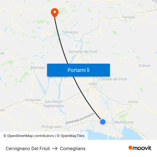 Cervignano Del Friuli to Comeglians map