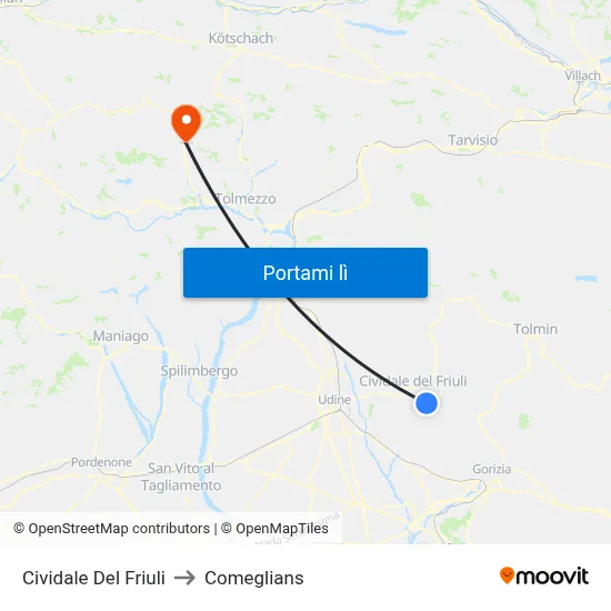 Cividale Del Friuli to Comeglians map