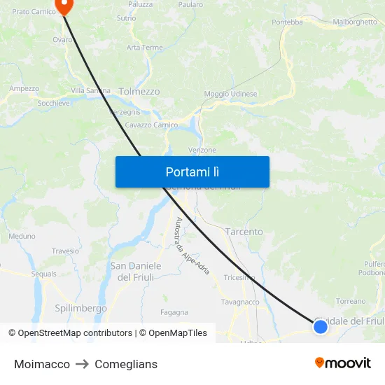 Moimacco to Comeglians map