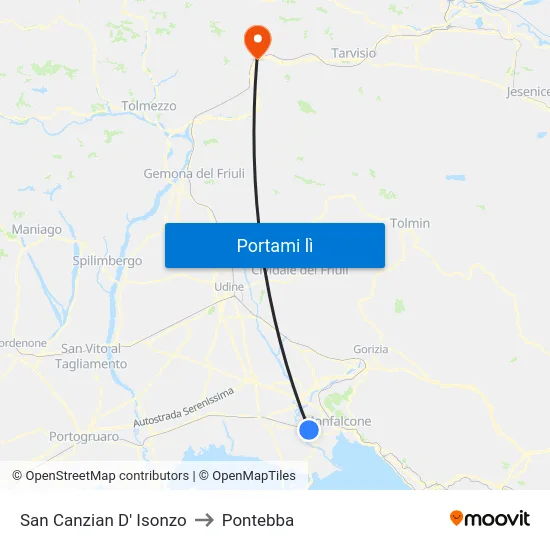 San Canzian D' Isonzo to Pontebba map