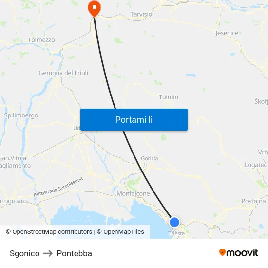 Sgonico to Pontebba map