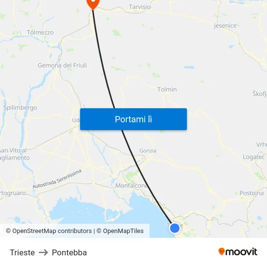 Trieste to Pontebba map