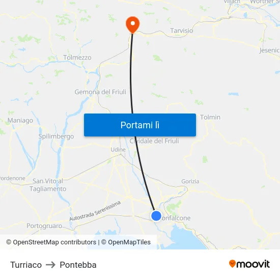 Turriaco to Pontebba map