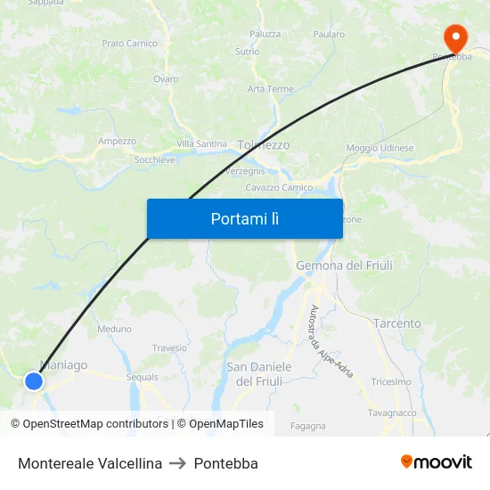 Montereale Valcellina to Pontebba map