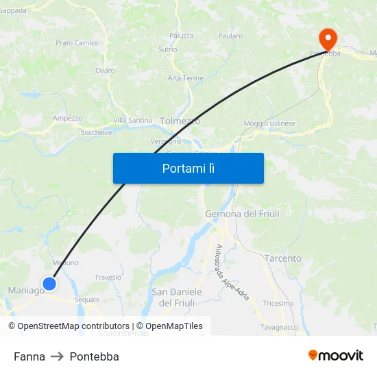 Fanna to Pontebba map