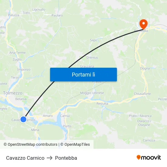 Cavazzo Carnico to Pontebba map