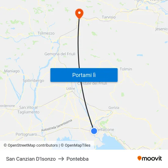 San Canzian D'Isonzo to Pontebba map