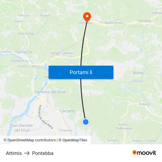 Attimis to Pontebba map