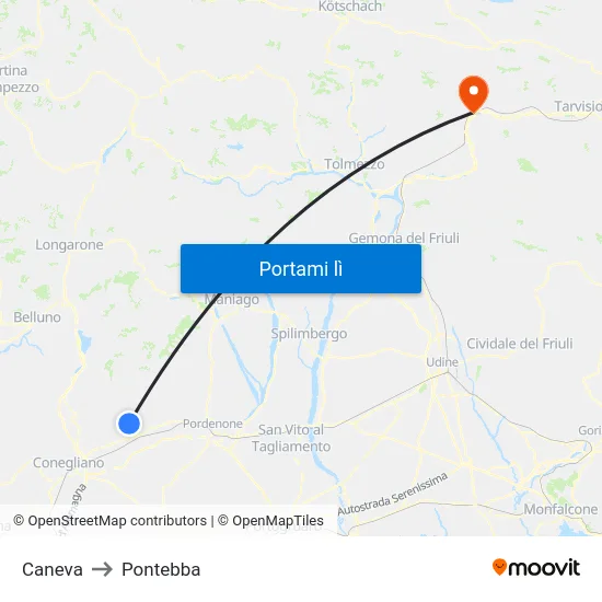 Caneva to Pontebba map