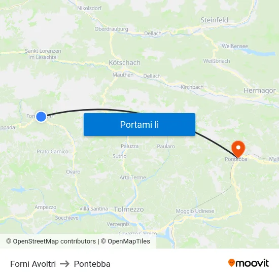Forni Avoltri to Pontebba map