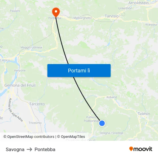 Savogna to Pontebba map
