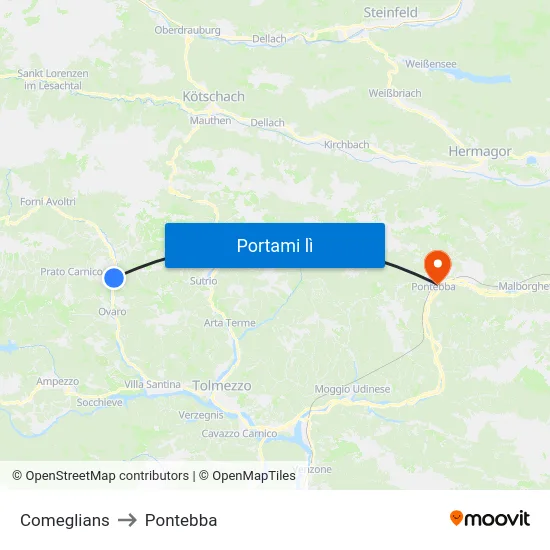 Comeglians to Pontebba map