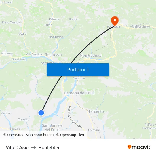 Vito D'Asio to Pontebba map
