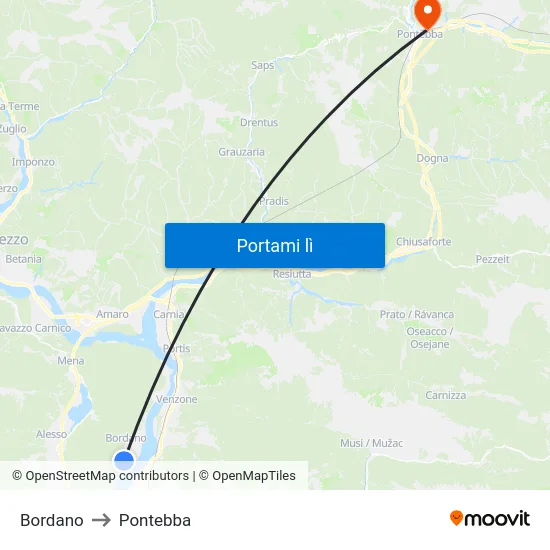 Bordano to Pontebba map