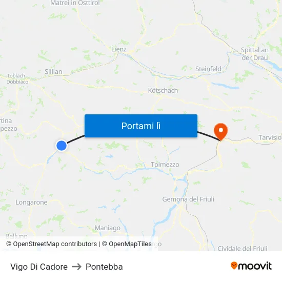 Vigo Di Cadore to Pontebba map