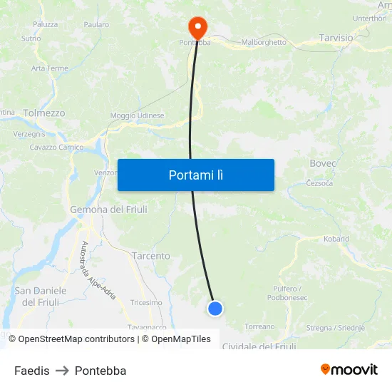Faedis to Pontebba map