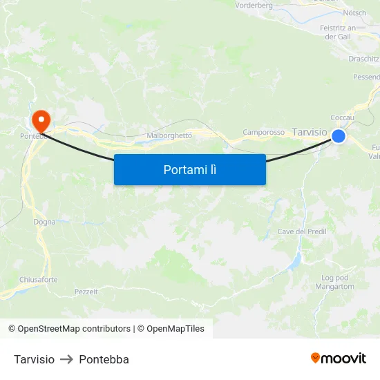 Tarvisio to Pontebba map