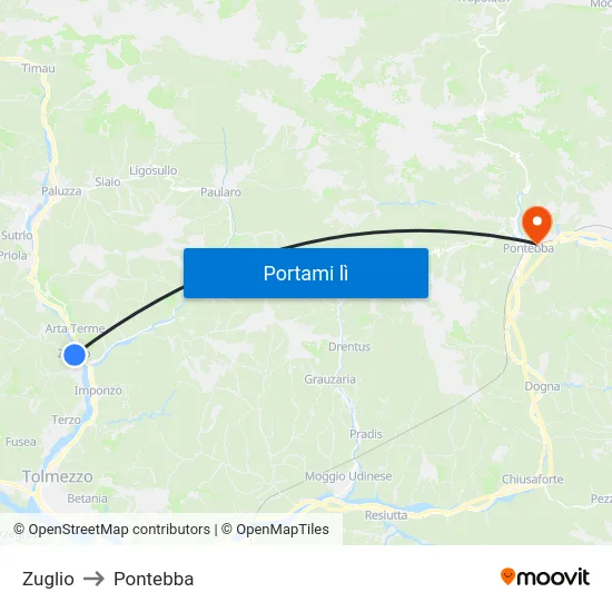 Zuglio to Pontebba map