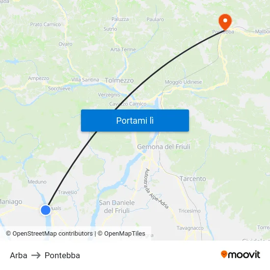 Arba to Pontebba map