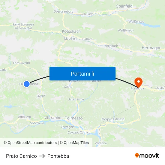 Prato Carnico to Pontebba map