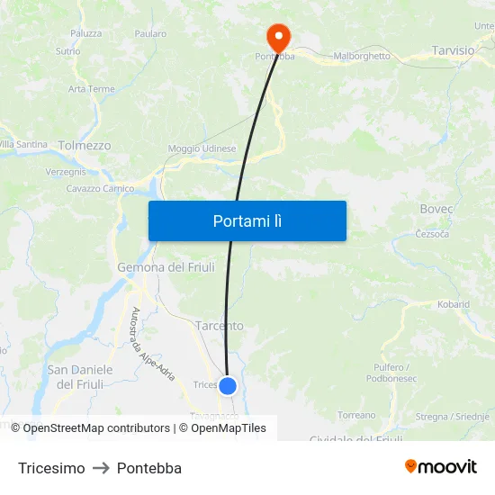 Tricesimo to Pontebba map