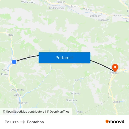 Paluzza to Pontebba map
