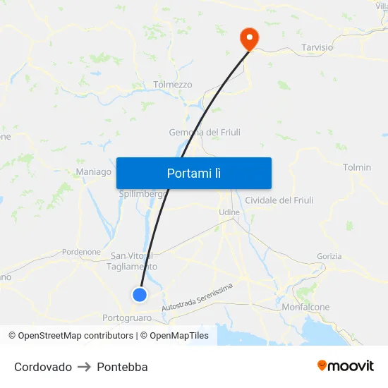 Cordovado to Pontebba map