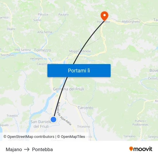 Majano to Pontebba map