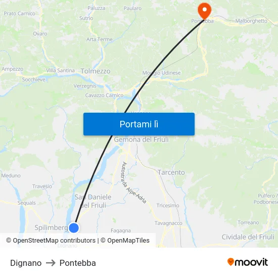 Dignano to Pontebba map