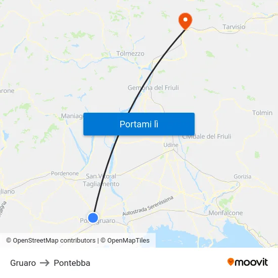 Gruaro to Pontebba map