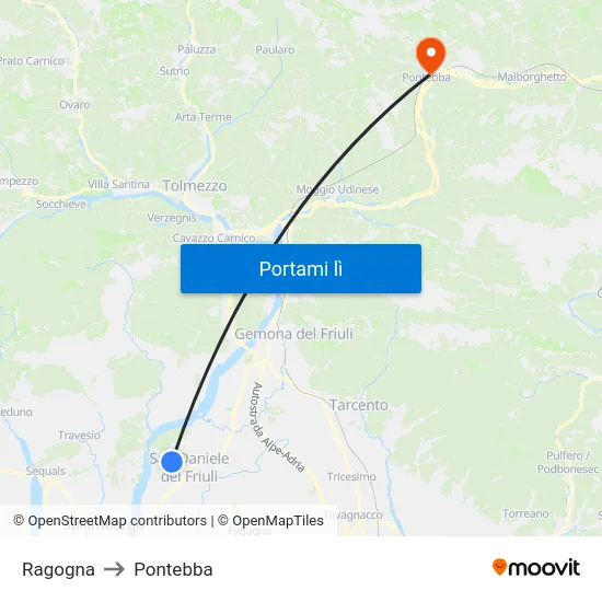 Ragogna to Pontebba map