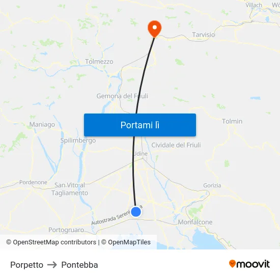 Porpetto to Pontebba map