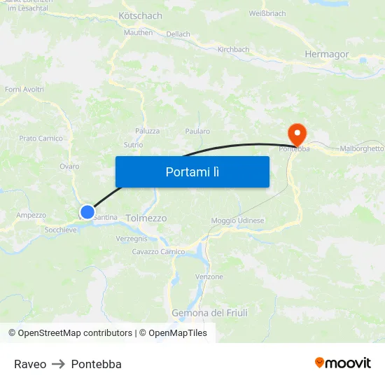 Raveo to Pontebba map