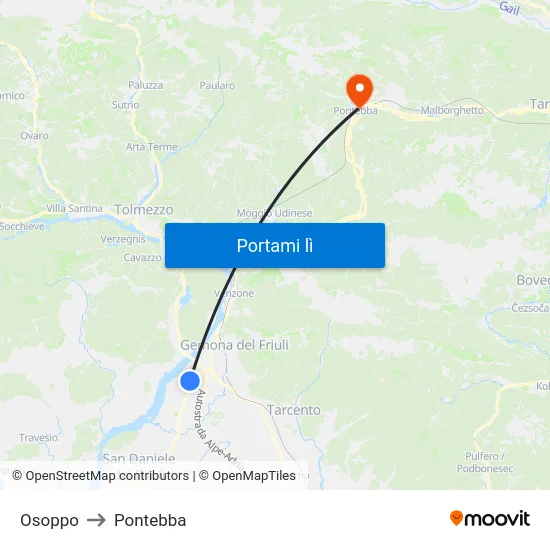 Osoppo to Pontebba map