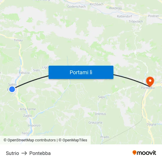 Sutrio to Pontebba map