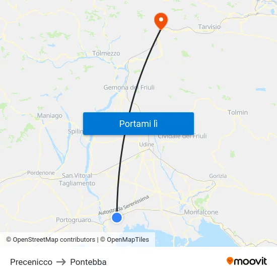 Precenicco to Pontebba map