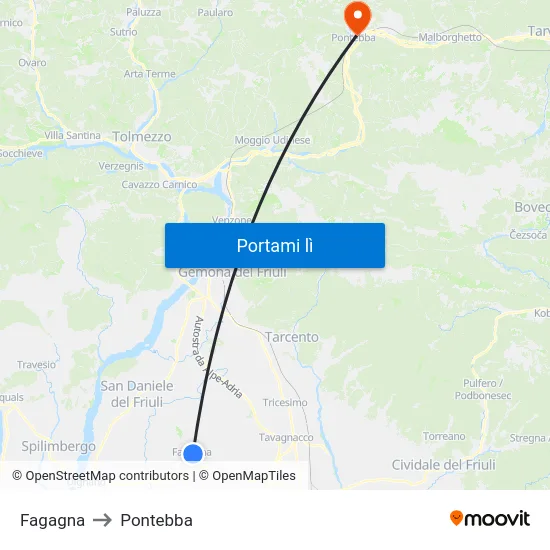 Fagagna to Pontebba map