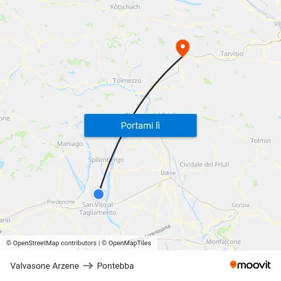 Valvasone Arzene to Pontebba map