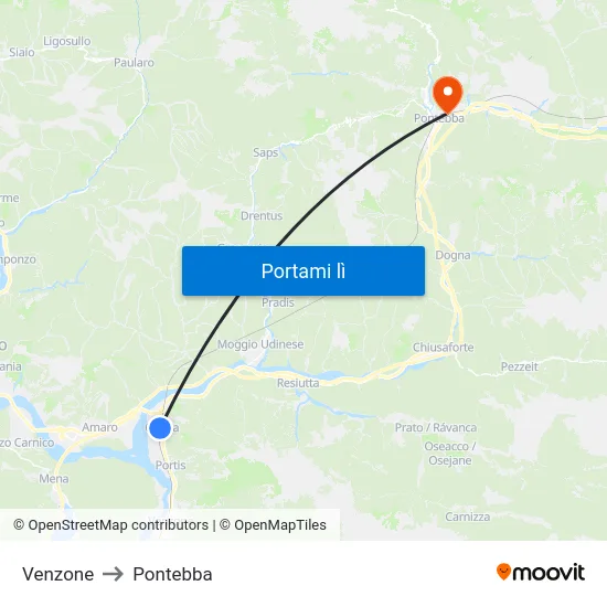 Venzone to Pontebba map