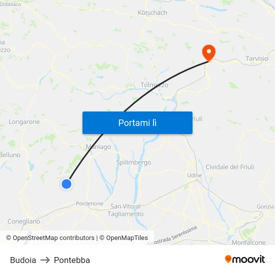 Budoia to Pontebba map