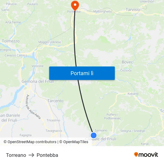 Torreano to Pontebba map