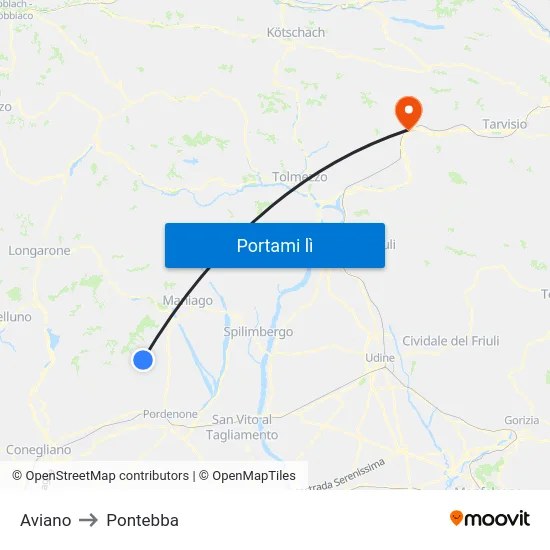 Aviano to Pontebba map