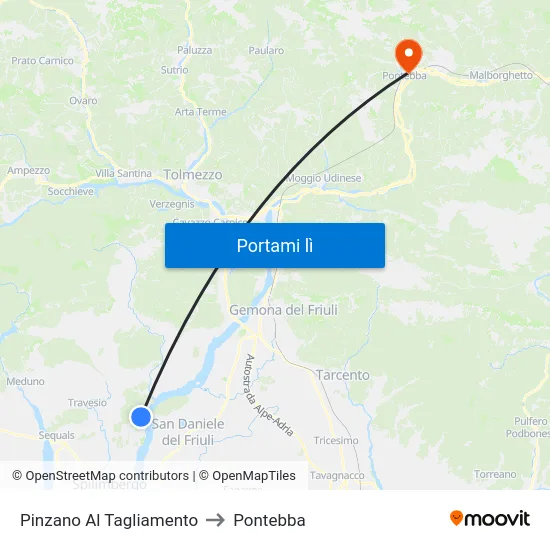 Pinzano Al Tagliamento to Pontebba map